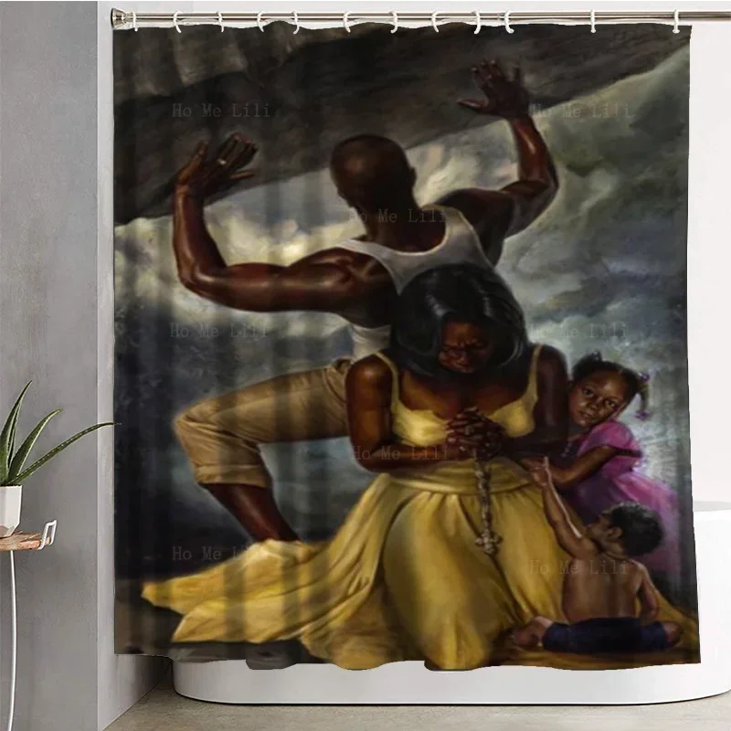 A Black Father Held Up The Sky With He Hands For His Family Of Four Shower Curtain By Ho Me Lili For Bathroom Decor