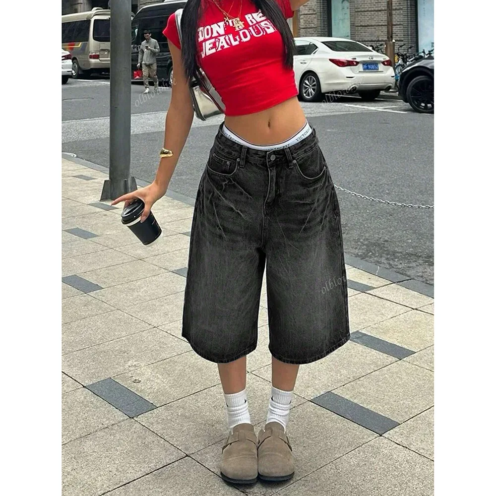 European American New Fashion Women's Loose Wide Leg Calf Length Simple Basic Daily Denim Trousers Female Pants Bottom Clothes