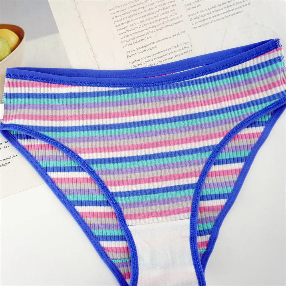 3dílné duhové pruhované dámské žebrované bavlněné kalhotky s nízkým pasem, dívčí pohodlné kalhotky, dvouvrstvé bavlněné rozkrokové bikiny - náhled 6