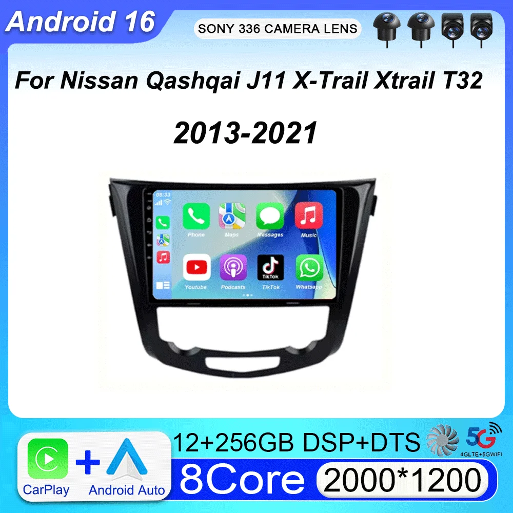 Radio para Auto Android 16 para Nissan Qashqai J11 X-Trail Xtrail T32 Rogue Dualis 2013-2021 Compatible con OEM BOSE 360 Auto Carplay 4G