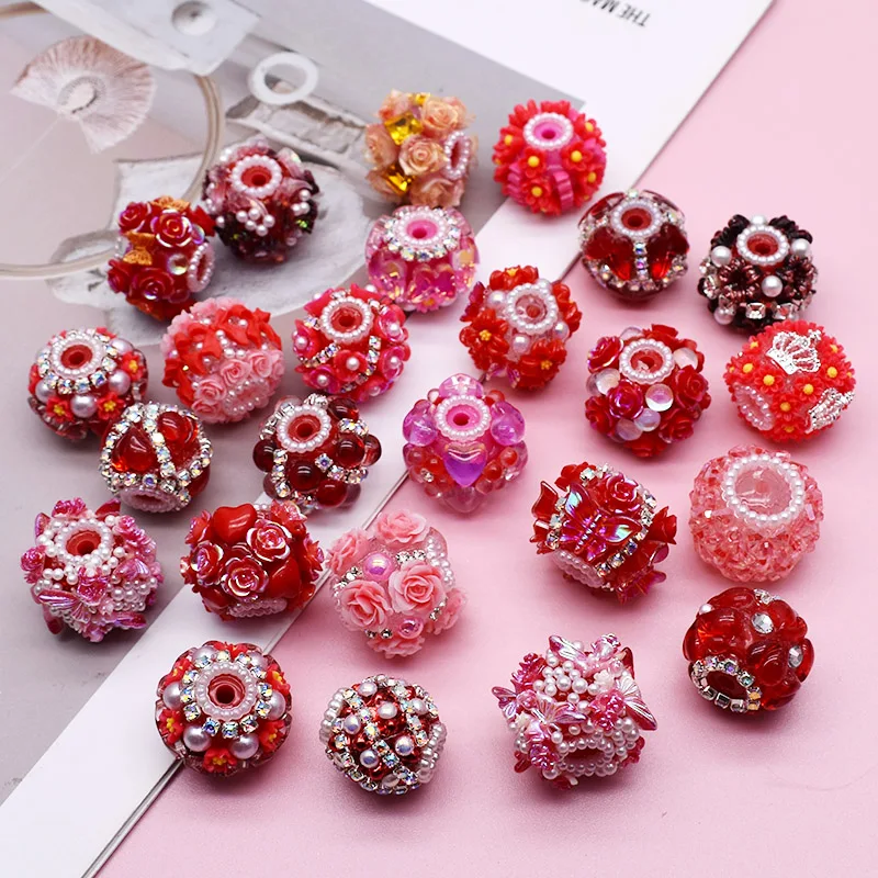 

18-25mm Red Color 3pcs Design Acrylic Beads Handmade Flower Pen Beads for Jewelry Making DIY Bead Pen Keychains Phone Chain