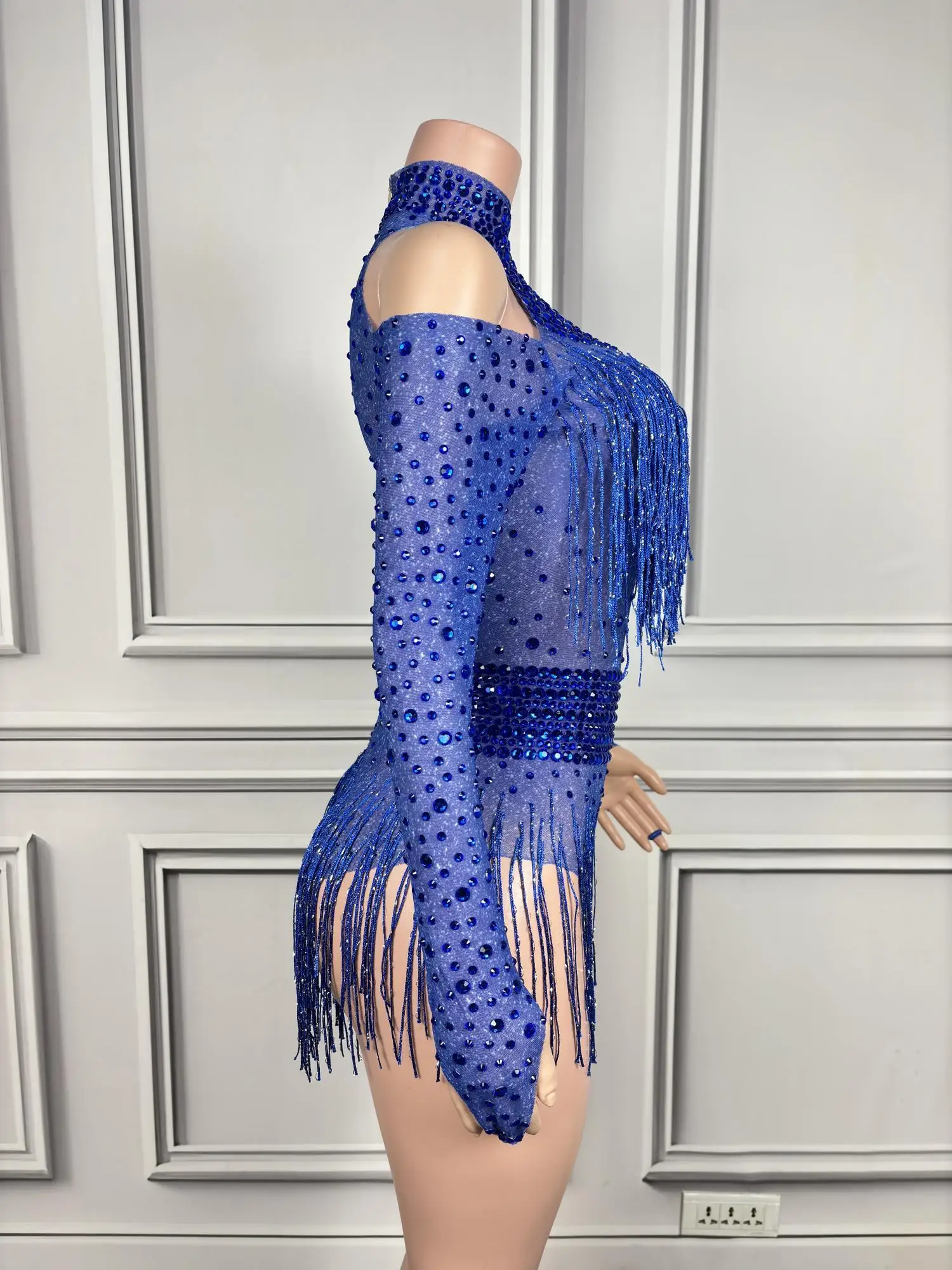 Sparkly Rhinestone Crystals Tassel Spandex Bodysuit for Women Sexy Showgirl Show Leotard Nightclub Dance Stage Wear High-quality