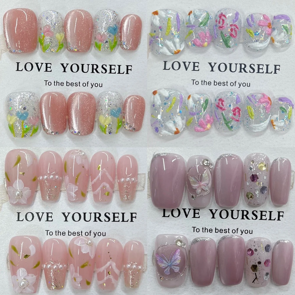 

Handmade Romantic Flowers Butterfly Short Square Acrylic False Nails Golden Edge Cat Eyes Gradients Wearable Manicure Nail Tips