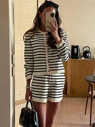 Tossy Striped Knit 2 Piece-Set Shorts Women Fashion Zebra Printed Cardigan And High Waist Patchwork Shorts Sets Knitwear Outfits