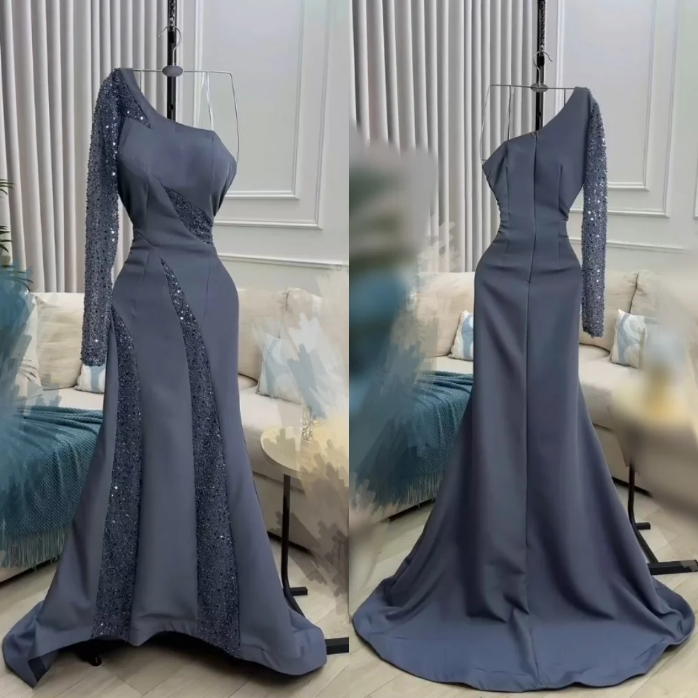 Customized Jersey Pleat SequinedCharming One-shoulder Mermaid Long Dresses Bespoke Occasion Evening Dress Elegant Party