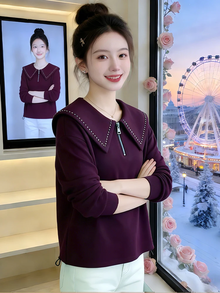 

Модный женский свитшот с воротником-стойкой, новинка весны, свободный крой, повседневный, с длинными рукавами, в корейском стиле, на молнии