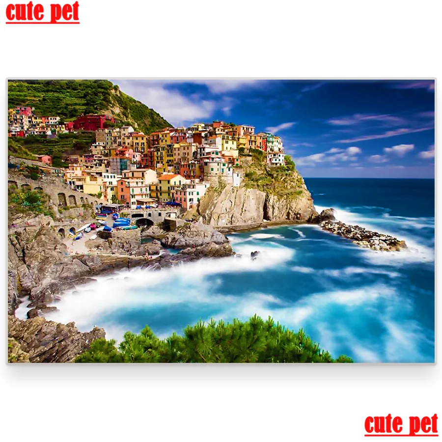 cute pet DIY diamond crossstitch Manarola Italy diamond painting living room decoration rhinestone Diamond Embroidery puzzle