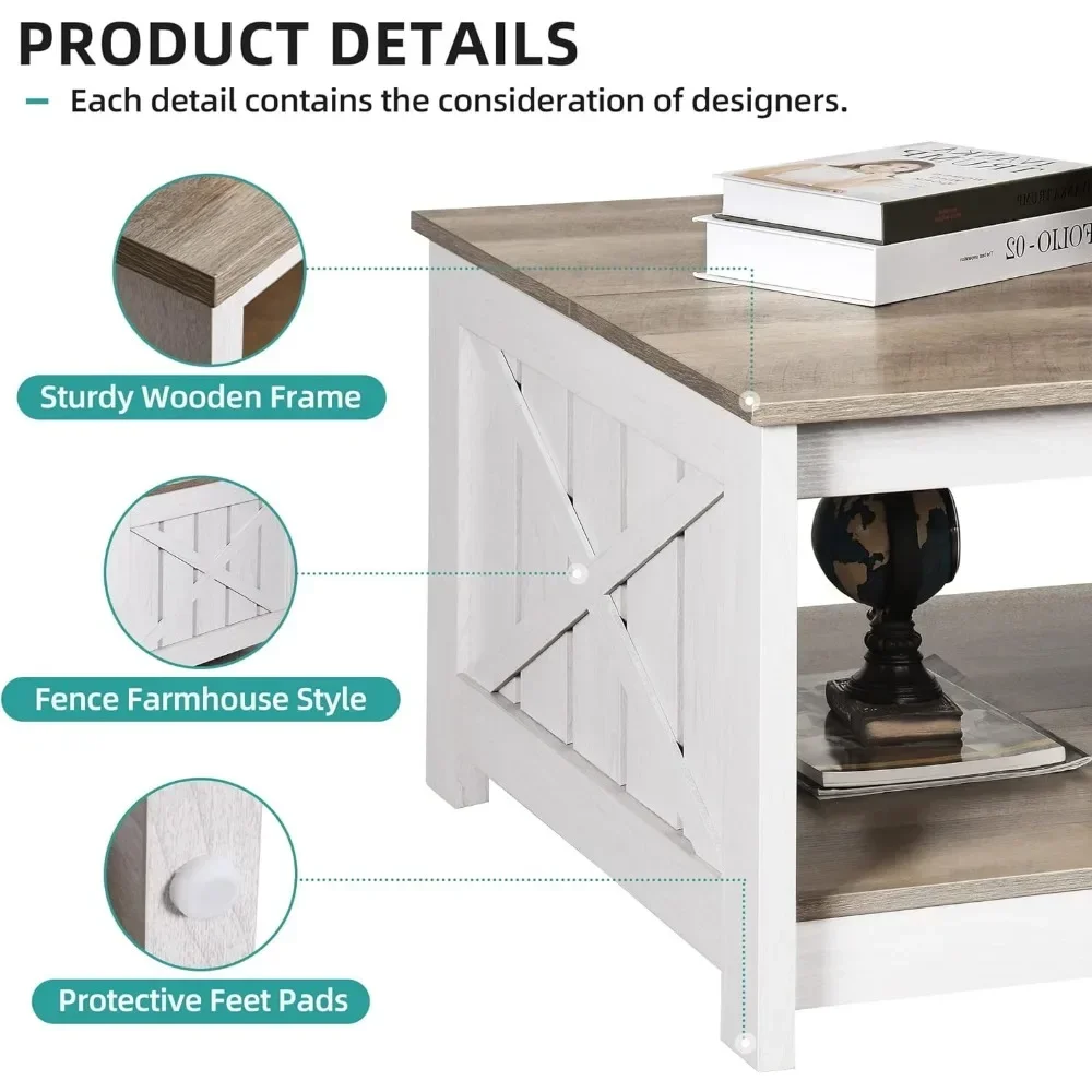 Table basse carrée en bois lavée avec bacs de rangement semi-ouverts, rustique et moderne, gris, ferme, casiers