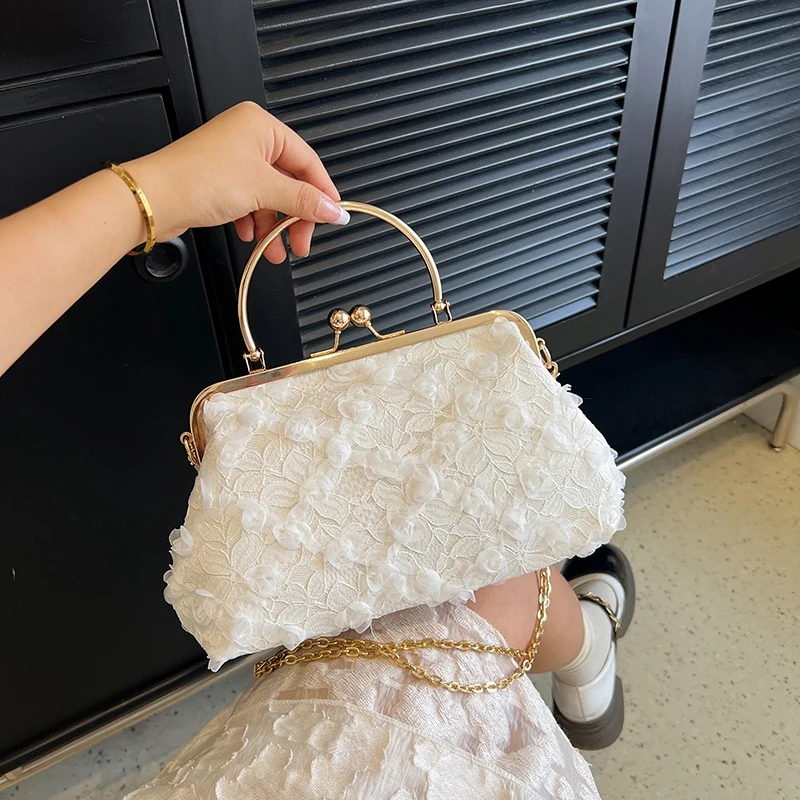 

New Luxury Embroidered Women Shoulder Bags Elegant Metal Handle Purse with Detachable Chain Strap Fashion Handbags Gift for Lady