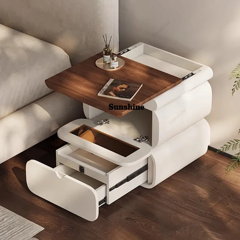 Rustic Nordic Bedside Table With Secret Compartment Safe Curved Cream Nightstand Unique Chic Mesitas De Noche Furniture For Home