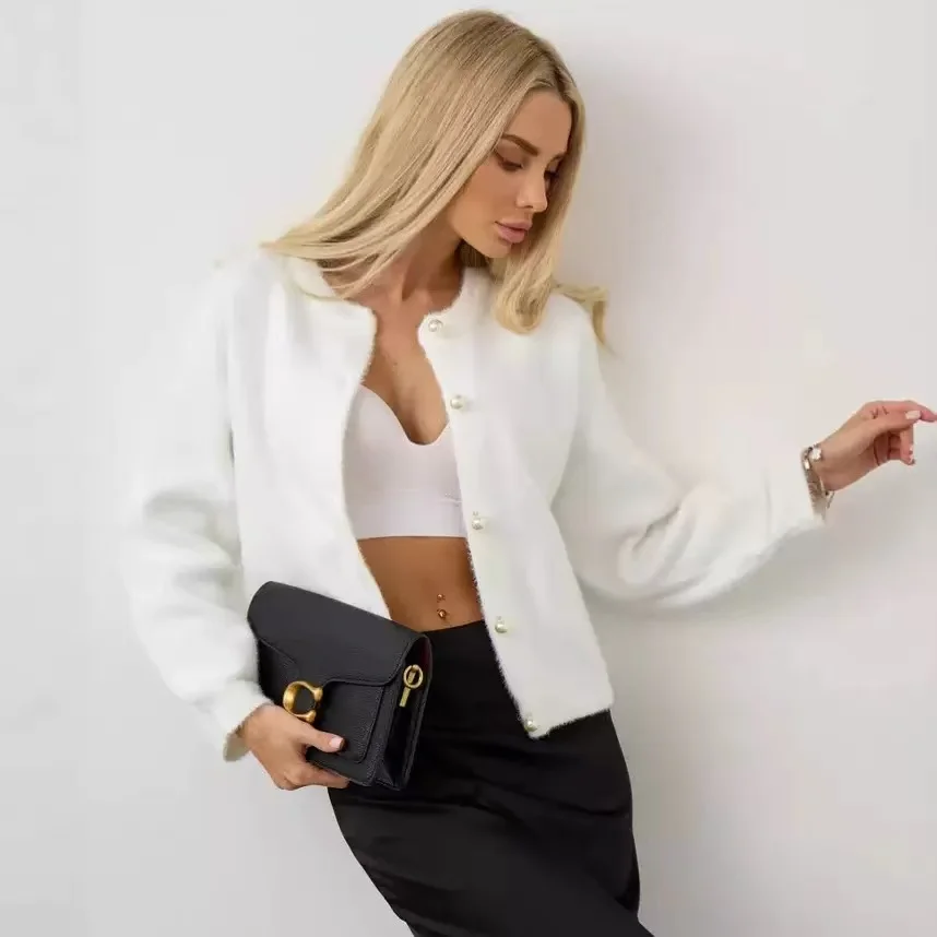 

2025 Autumn Winter Women Fuzzy Long Sleeve Sweater Cardigan Tops Button-up Round Neck Chic Loose Knitwear Coat Jacket Streetwear