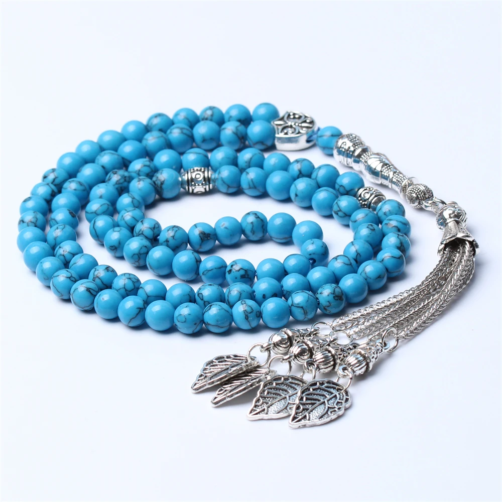 

Muslim silver prayer beads Rosary 99 beads Blue Turquoise Synthetic Stone Tasbih Silver Leaf Tassel Subha Islamic Tespih