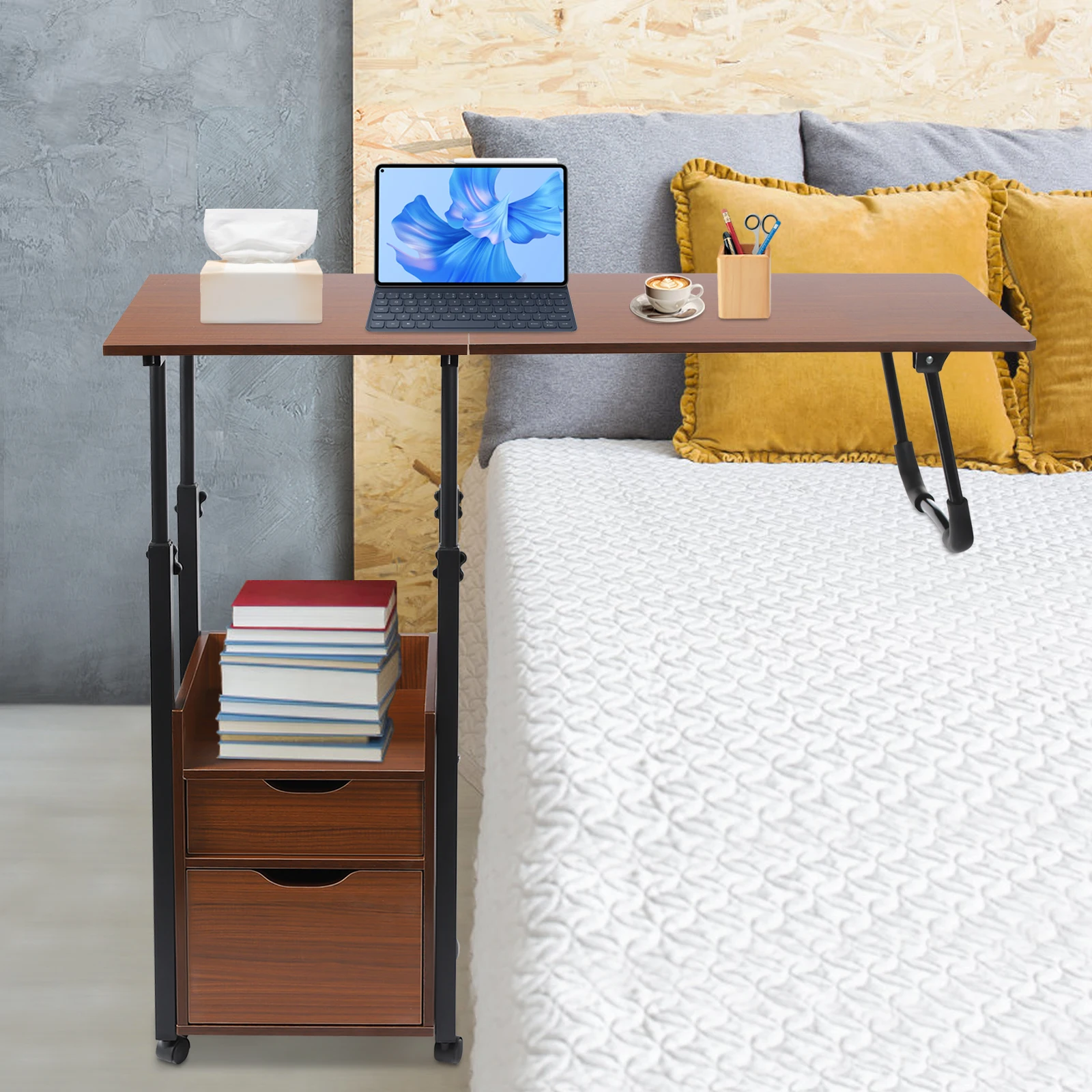 Mesa sobre cama con ruedas, mesita de noche móvil y ajustable para ordenador portátil, bandeja rodante para cama de hospital con gabinete de almacenamiento, se adapta al sofá
