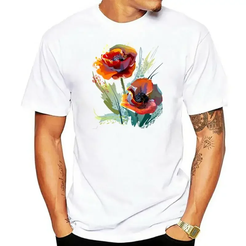 Slim Fit T-shirt Men Floral T Shirt Canvas Painting Design Black Tops Poppy Flower Print Cotton Clothes Decorative Abstract Art