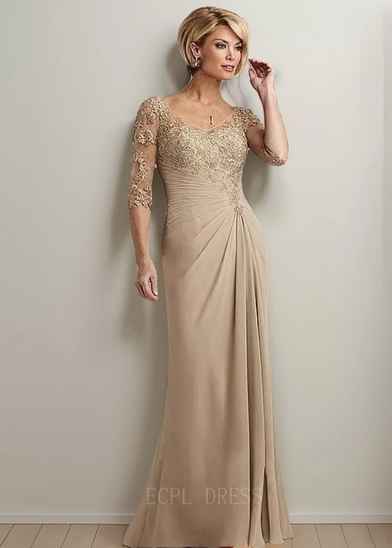 Elegantt champagne lace long mother of The Bride Dresses Plus Size Chiffon Half Sleeves  2024 luxury Evening Dress For Wedding