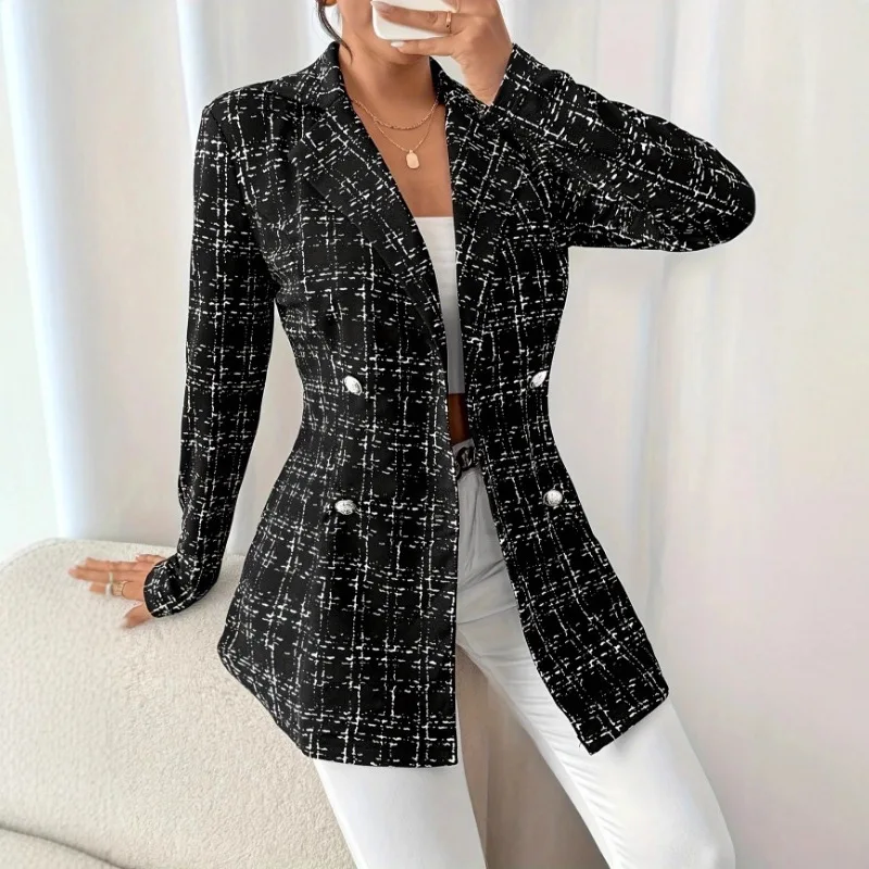 Women's Elegant Lapel Collar Double Breasted Pearl Button Tweed Long Sleeve Slim Fit Blazer Coat