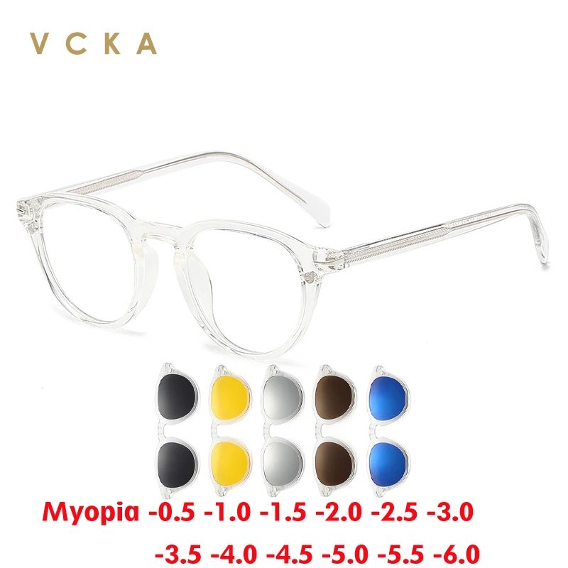 

VCKA 6 In 1 Myopia Sunglasses Men Women Polarized Eyewear Magnetic Clips Custom Round Transparent Glasses Frame -0.5 TO -10