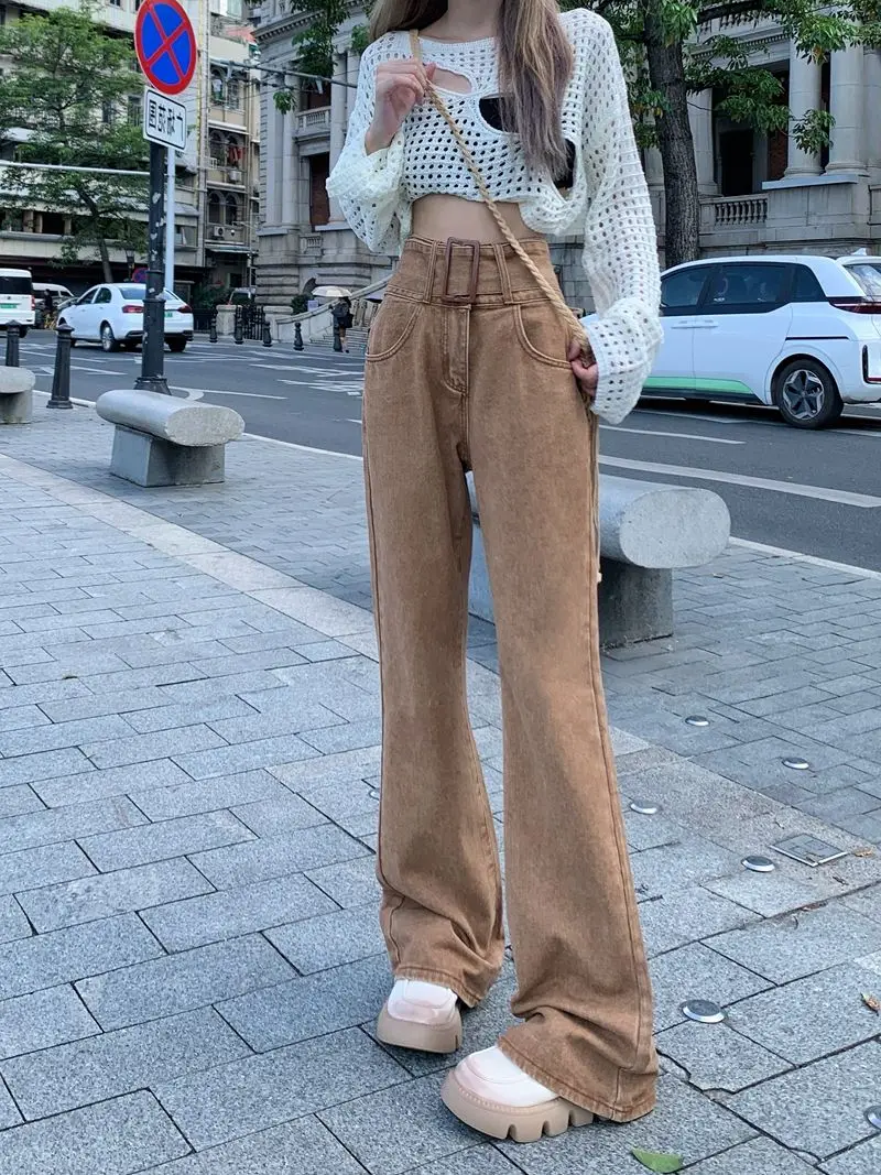 American Retro Micro-Launched Jeans Women'S High Waist Autumn Winter Design Sense Niche Brown Straight High Street Pants Tide