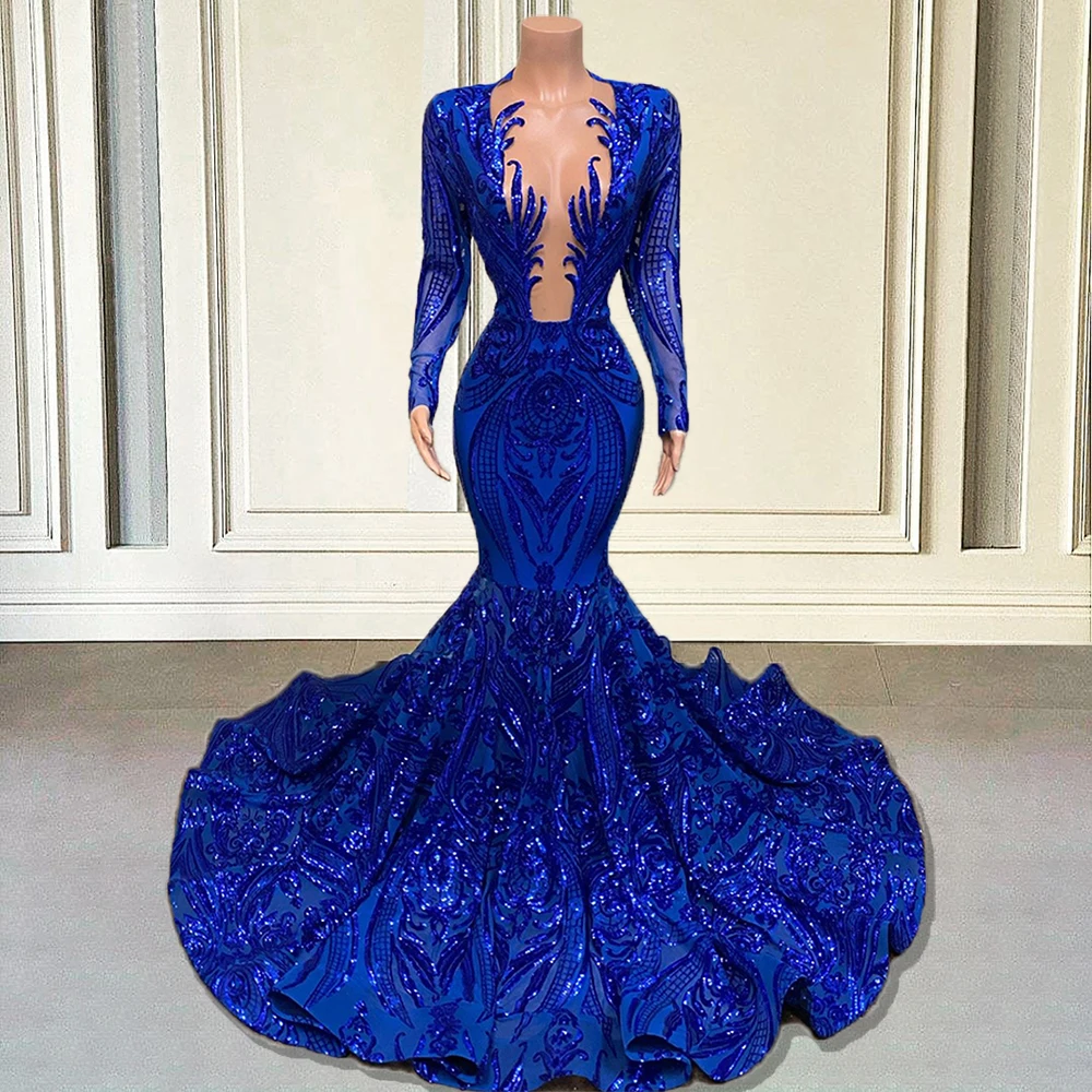 Royal Blue Prom Jurk Voor Zwarte Meisjes 2023 Mermaid Sequin Lange Mouwen Afrikaanse Formele Avond Party Gala Jurk Graduation