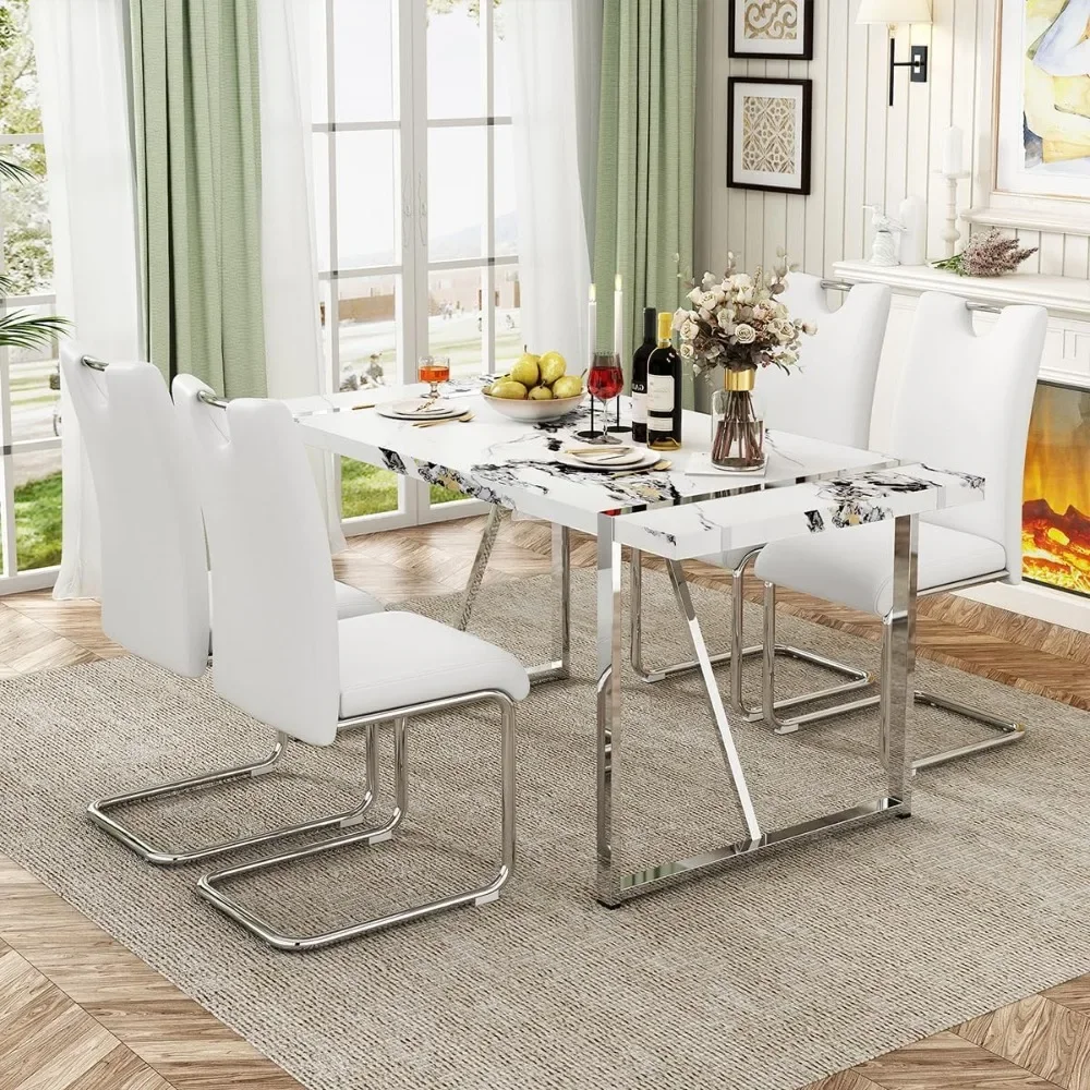 Dining Table Set for 4, Rectangular Kitchen Tables and 4 Faux Leather Dinings Chairs, Modern 5 Pieces Dining Room Table Set