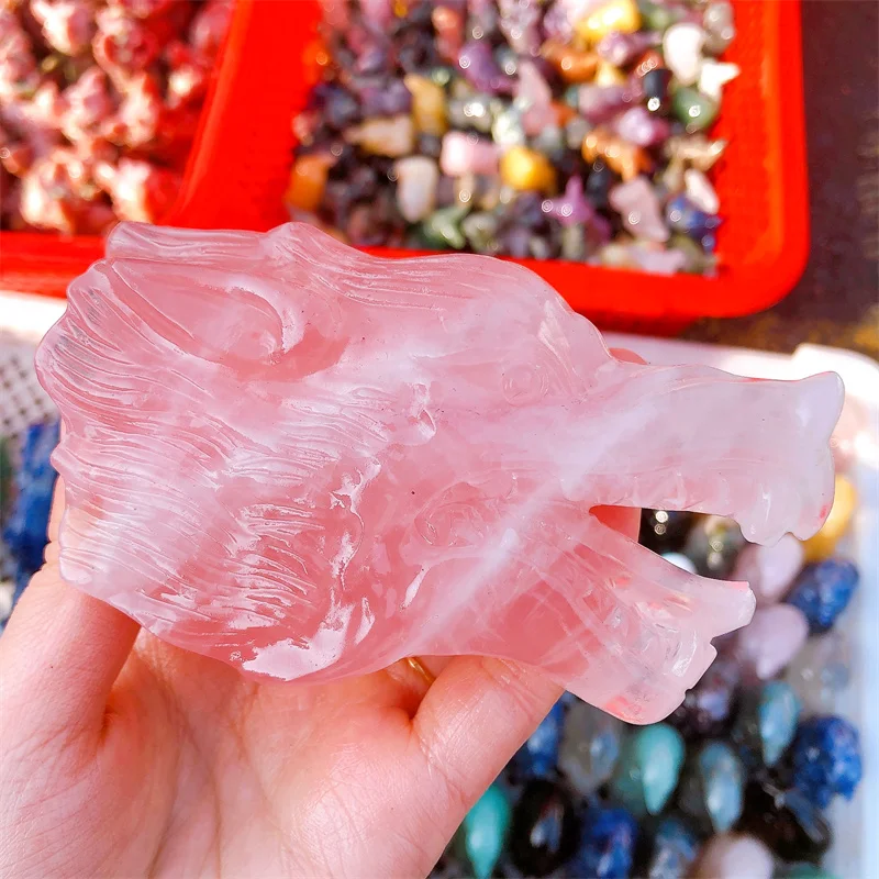 Natural Rose Quartz Wolf Head Crystal Animal Carved Reiki Healing Stone Figurine Home Ornaments Decor Gift 1pcs