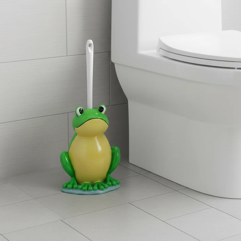 Compact toilet brush with creative resin frog brush holder and plastic handle, deep cleaning toilet brush bathroom accessory