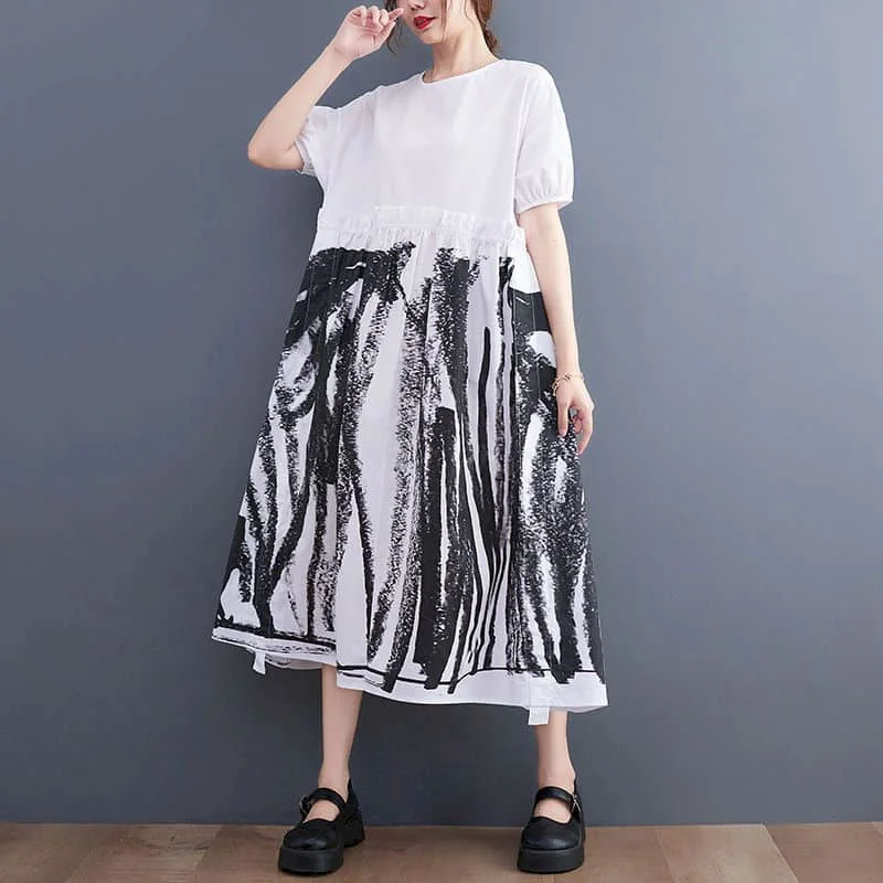 Dress Women Contrasting Colors Striped Short Sleeve Korean Style Summer Loose Mid Length Literary O-neck Dress Women Clothing