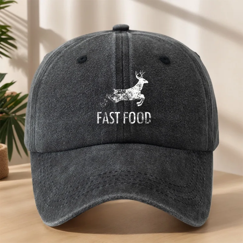 

FAST FOOD Elk Print Baseball Cap, Soft Sweat-Wicking Breathable, Washed Look, Street Hip-Hop Style, Outdoor Casual Sports Hat