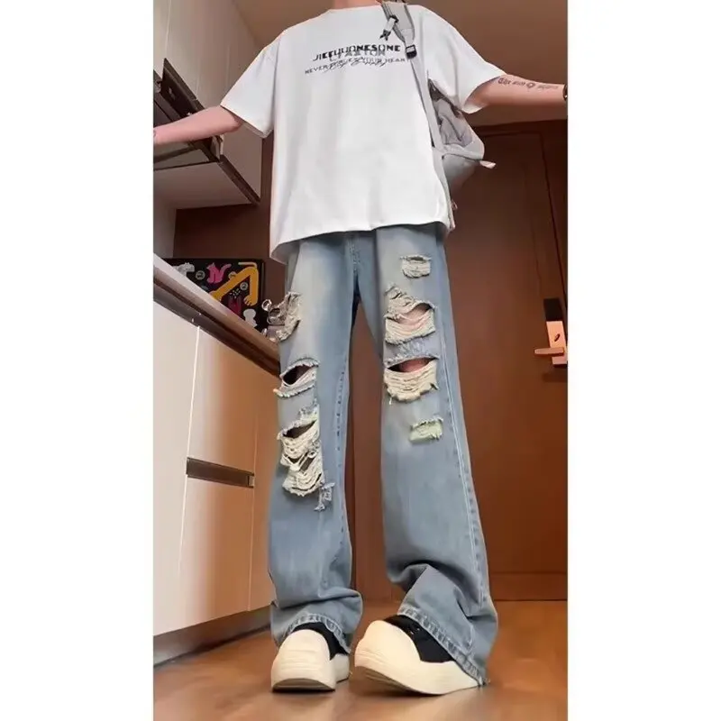 

Ripped Jeans Men's Summer 2025 New Style Cool Loose Straight Casual and Versatile Wide-leg Trousers Rhinestones Baggy Pants Man