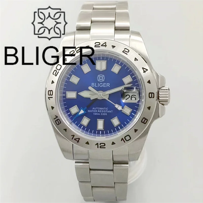 BLIGER Classic GMT Watch For Men 40mm Silver CaBlack Blue Green Dial C3 Green Luminous 24Hour Bezel Sapphire Glass NH34 Movement