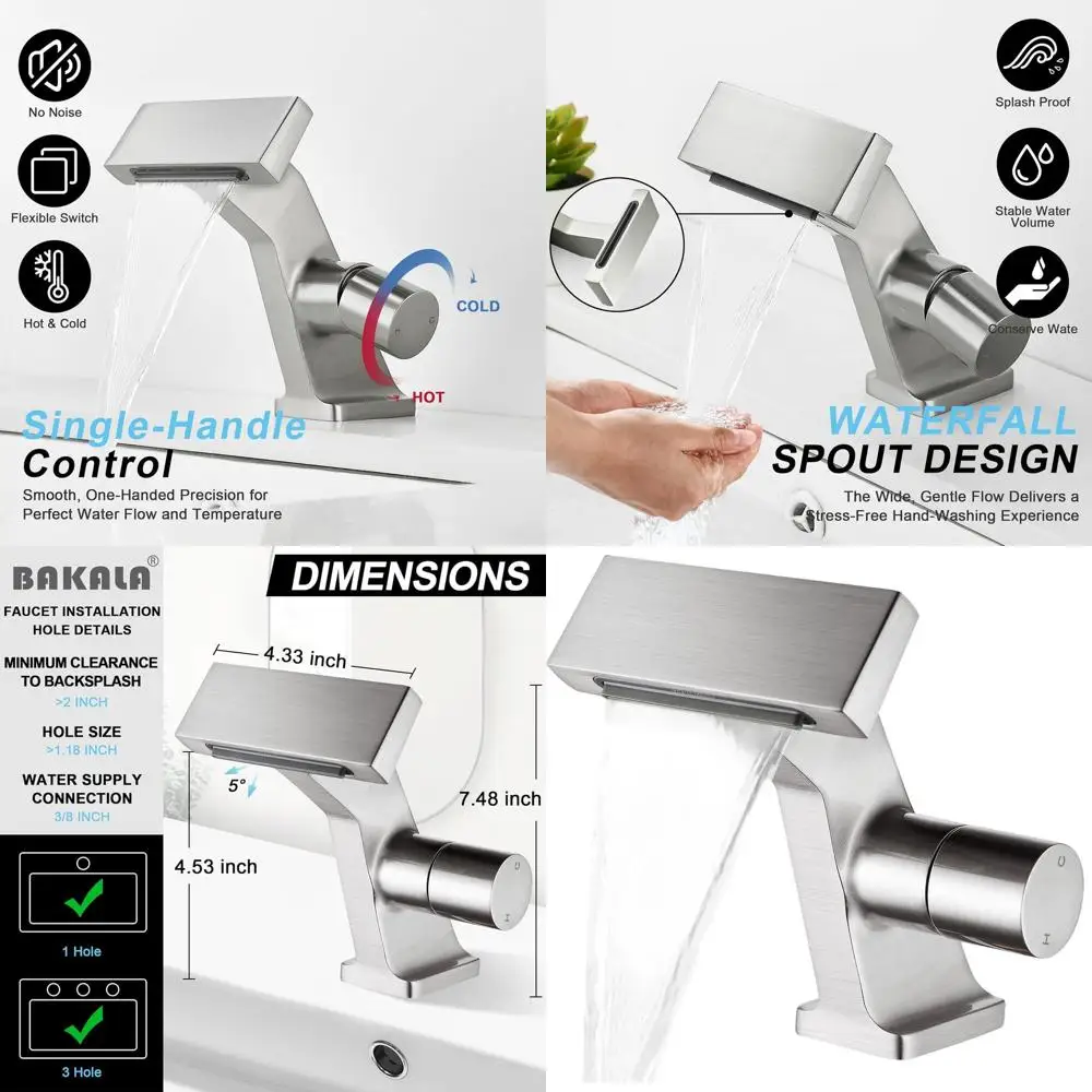 

Single Handle Deck Mount Brushed Nickel Bathroom Sink Faucet with Waterfall Spout and 2 Hoses for Vanity Basin