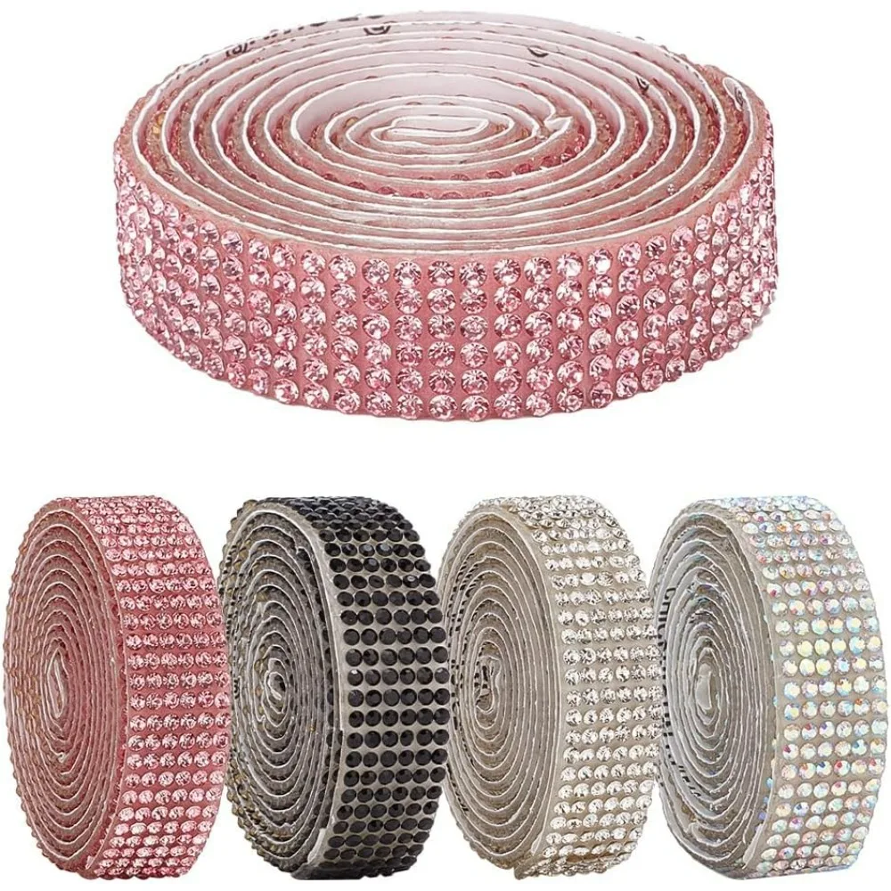 4 Pcs Rhinestone Ribbon, 4 Colors Self Adhesive Resin Rhinestone Tape Bling Rhinestone Sticker Decorative Sparkling Ribbon Tape