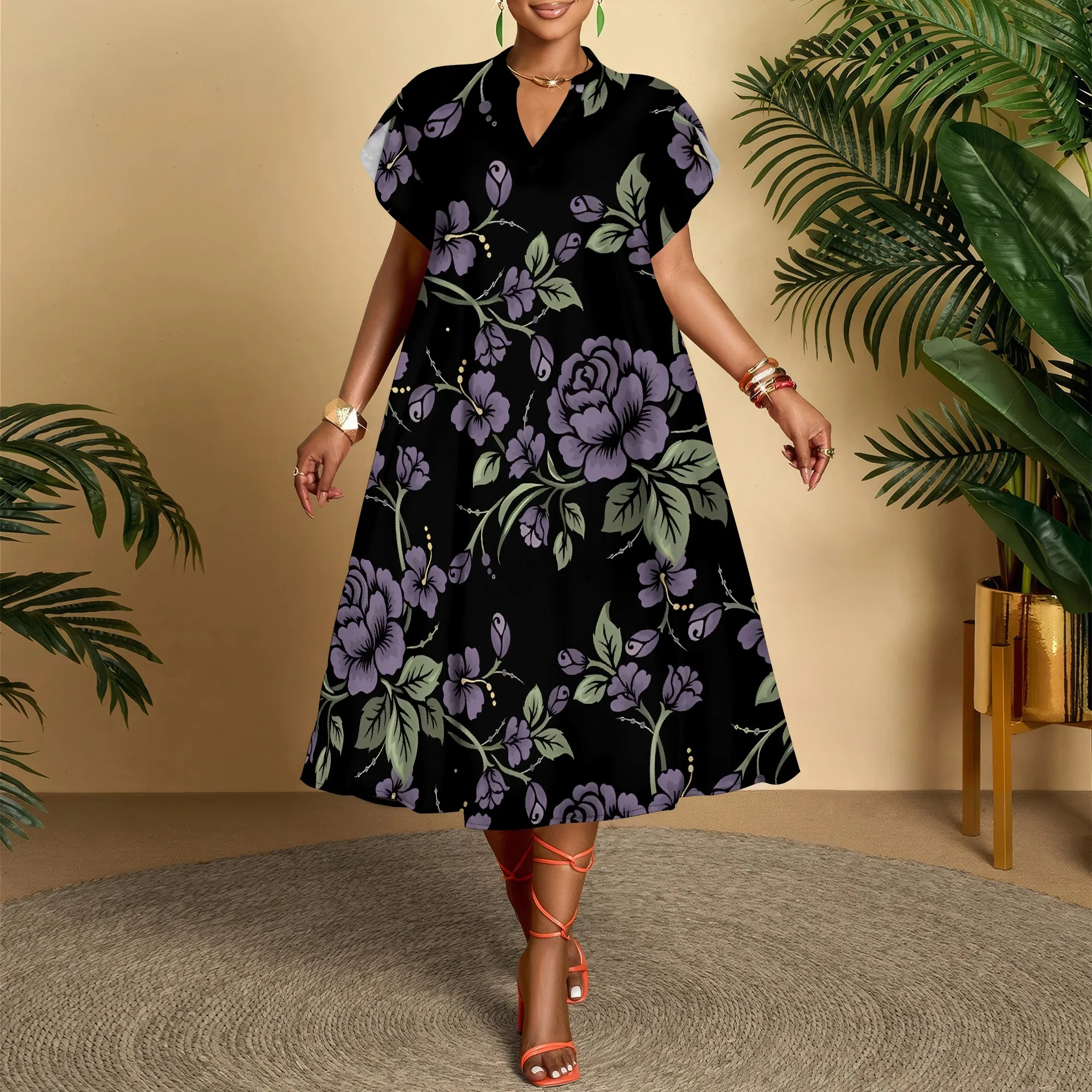 

Nupusa Purple Floral Print Dress for Women Regular Size Summer Casual V Neck Short Sleeve Midi Dress