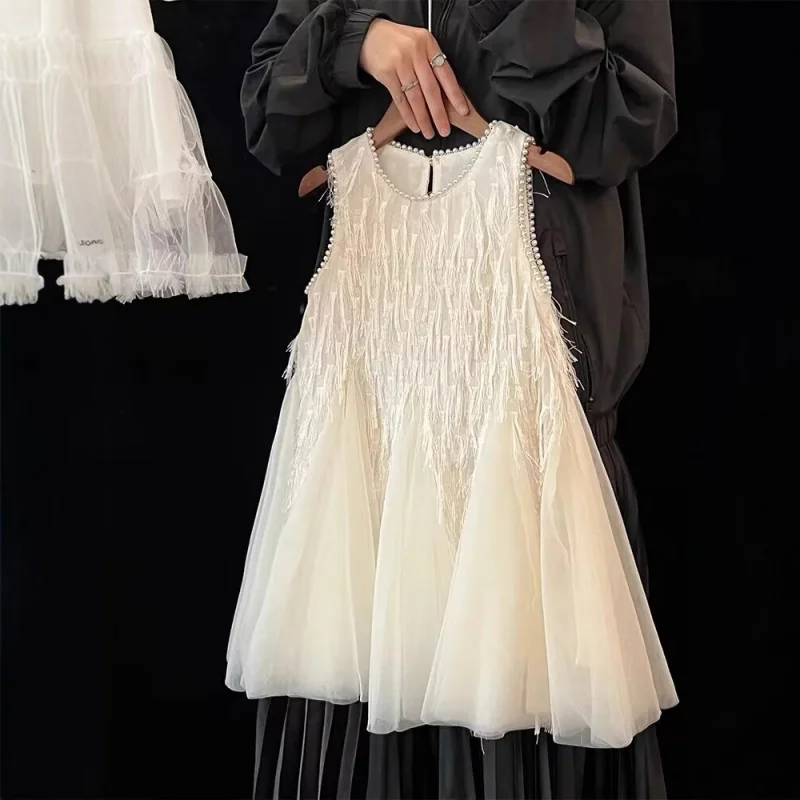 

Girls Princess Dress Summer2025New Style Children's Tassel Vest Dress Little Girl Stylish Mesh Pearl Dress
