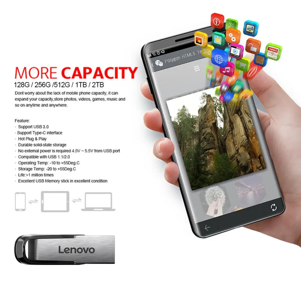 Lenovo 2TB USB Flash Drive Usb 3.0 High Speed 1TB Type-C Interface Dual-Use Flash Memory Stick For Mobile Phone Computer 2024