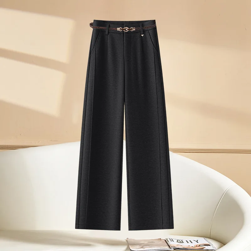 Spring Fall Trendy Women Good Quality Casual Pants Female Fashion High Waist Solid Color Dense Wool Wide Leg Office Lady Trouser