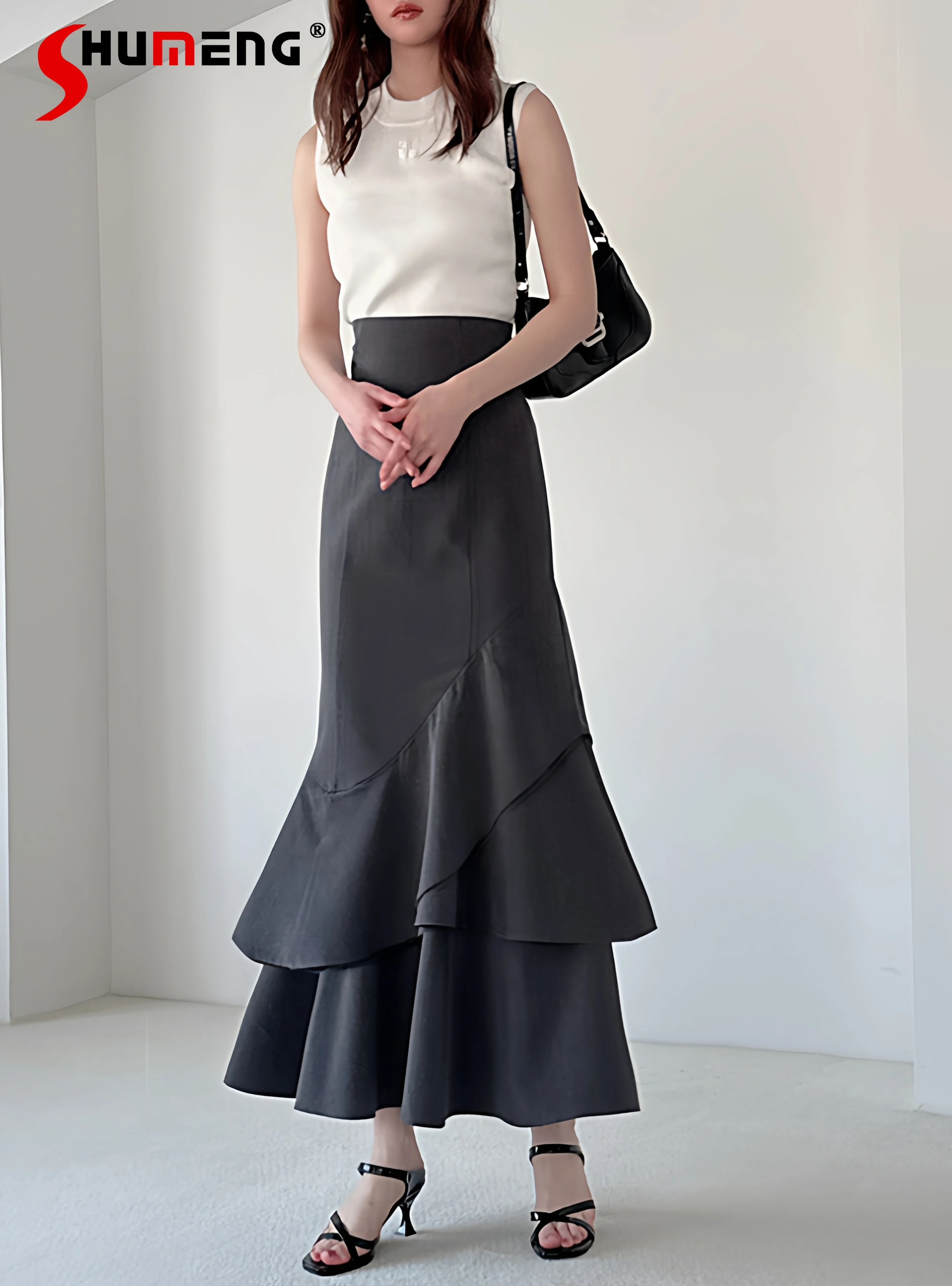 

Элегантные милые однотонные длинные юбки в японском стиле с высокой талией и оборками, нерегулярные универсальные длинные юбки «рыбий хвост» для женщин, осень