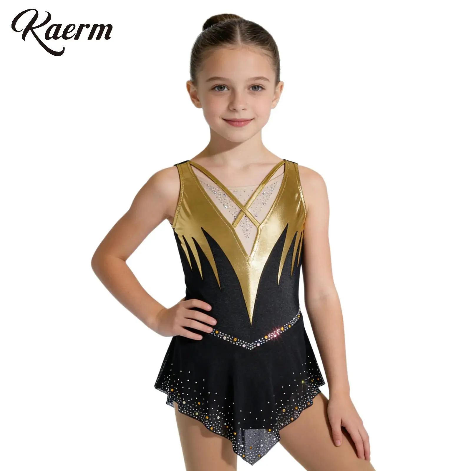 

Girls Rhythmic Gymnastics Leotard Figure Ice Skating Dress Sleeveless Sheer Mesh Shiny Rhinestones Color Block Ballet Jersey