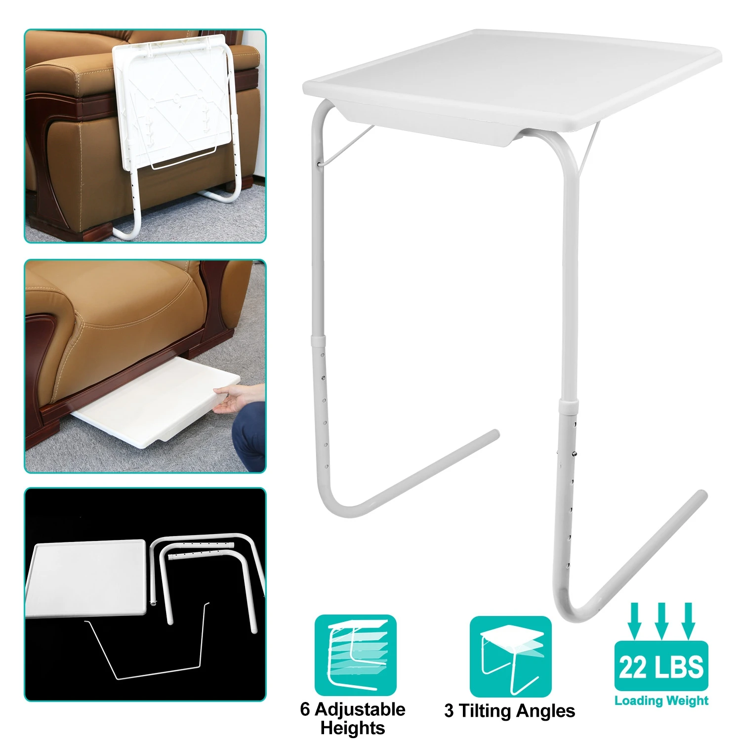 Adjustable Folding TV Tray Table Portable Laptop Desk with Cup Holder Book Stand Tablet Slot 6 Height Settings 3 Tilt Angles Multi Functional Dinner Tray for Eating Working on Sofa Couch Bed White