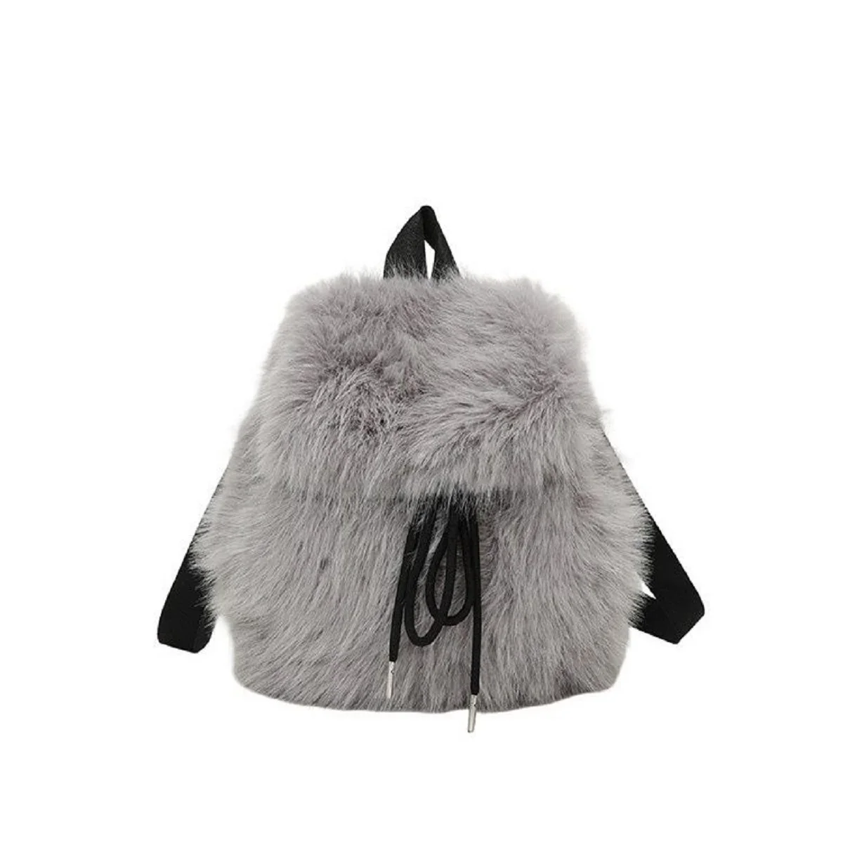 Women Fluffy Faux Fur Drawstring Backpack Grey Plush Bucket Bag Fashion Soft Furry Shoulder Bag Casual Daily Travel Mini Backpac