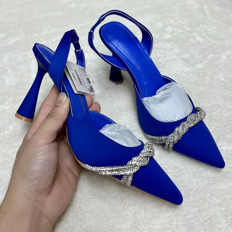 Wedding Shoes for Women 2023 Luxury Brand Summer Fashion Shiny Rhinestones Bow Pointed Toe Slingback Woman Sandals Sexy Pumps