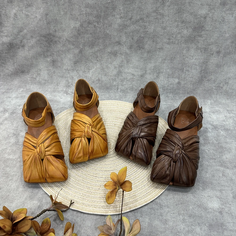 

Birkuir тканые женские сандалии ручной работы из натуральной кожи в стиле ретро, сандалии Мэри Джейн с квадратным носком, женские сандалии с закрытым носком