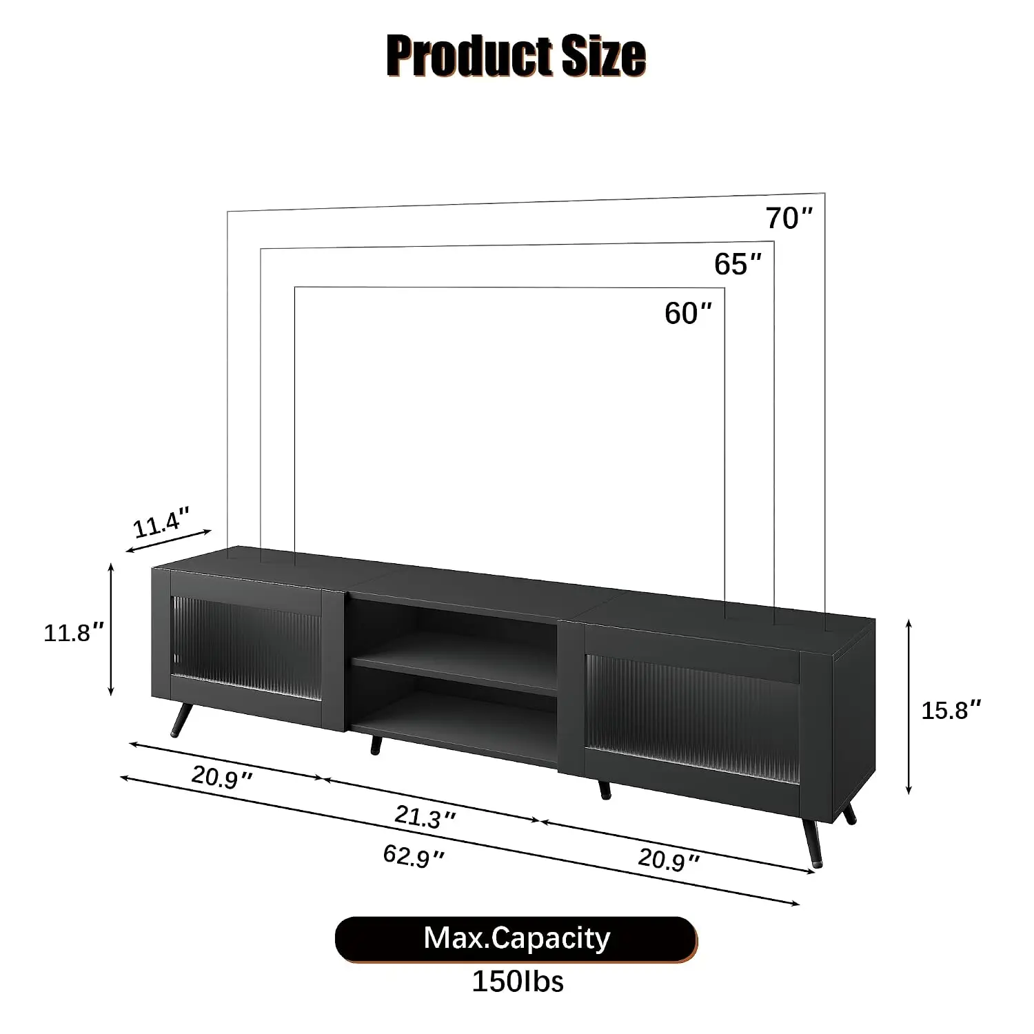 Black TV Stand for 32-70 Inch TVs Entertainment Center with 2 Acrylic Doors 58-Inch Media Console for Living Room Bedroom, Custo
