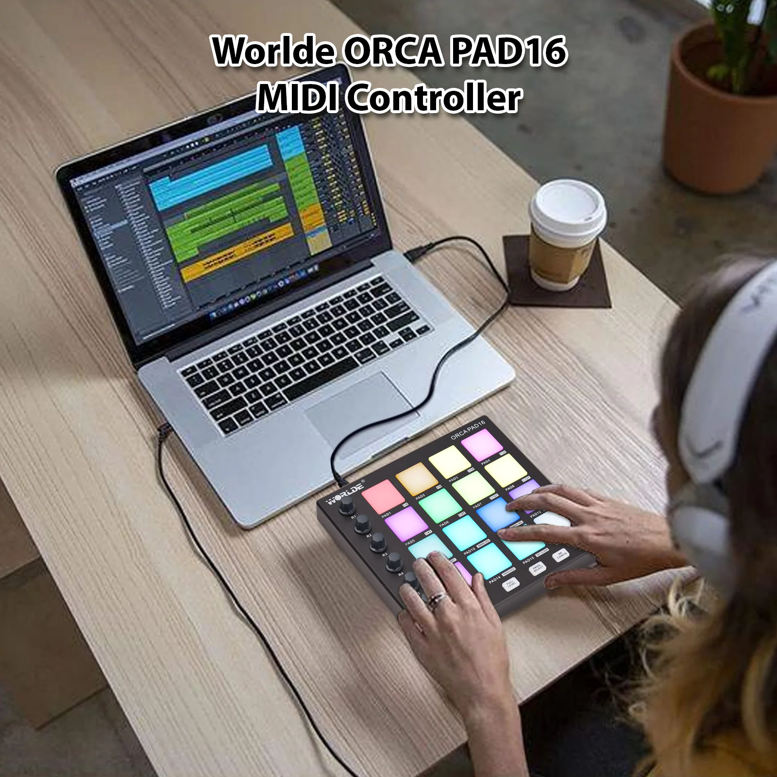 WORLDE MIDI Controller Beat Maker Machine 6 Assignable Knobs Note Repeat Full Level Buttons and Production Software Portable