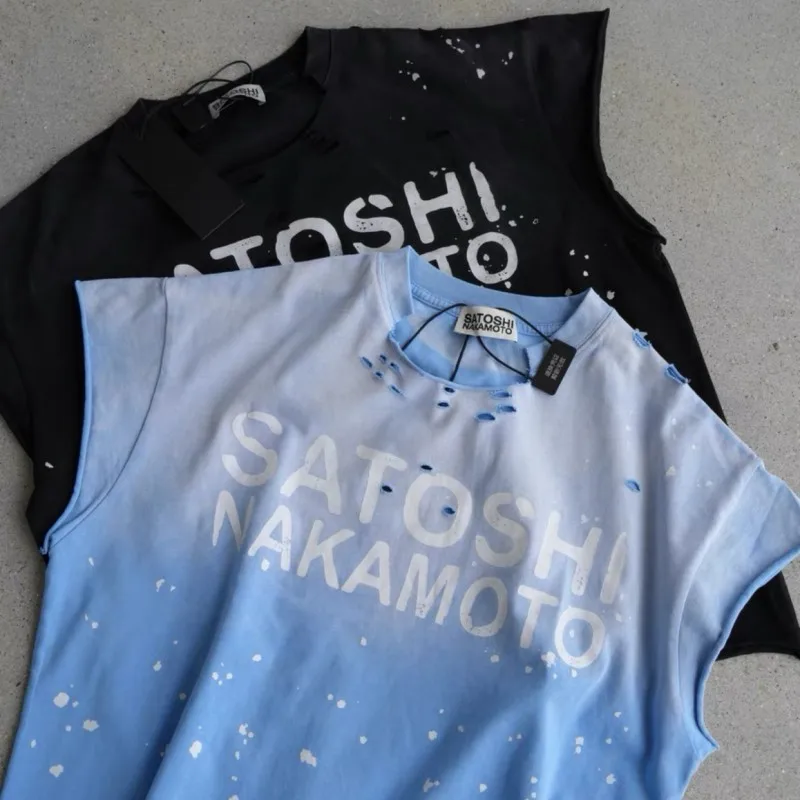 American Hiphop Viantge Worn Out SATOSHI Sleeveless Tshirts Fading Letter Splashed Ink Men Women Waistcoat Tank Top Streetwear