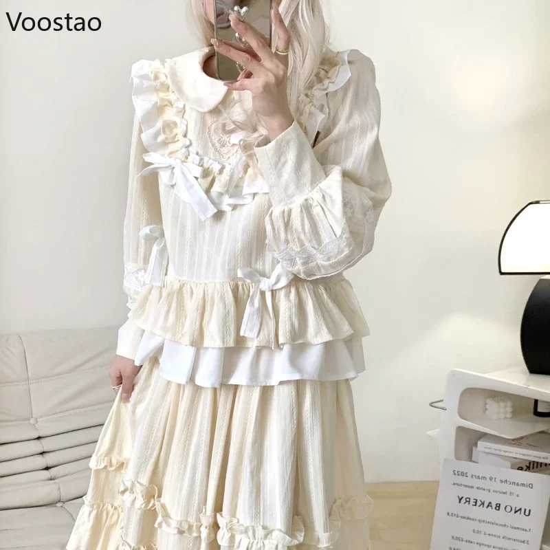 Victorian Vintage Lolita Style Blouses Women Sweet Butterfly Embroidery Bows Long Sleeve Shirt Japanese Female Harajuku Y2k Tops