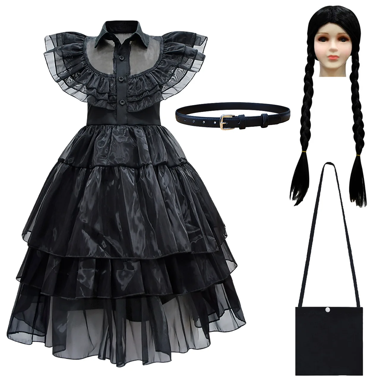 Kids Girls Movie Wednesday Addams Black Mesh Dress Wig Bag Set Outfit Children Princess Christmas Halloween Cosplay Costume