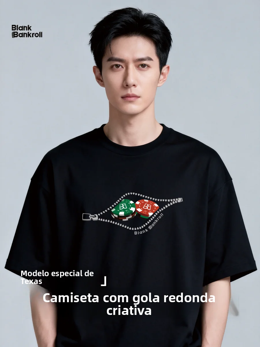 t-shirt-noir-a-manches-courtes-en-pur-coton-style-decontracte-d'ete-pour-hommes-motif-imprime-coupe-ample-tendance-jeune-col-rond-poker-lock