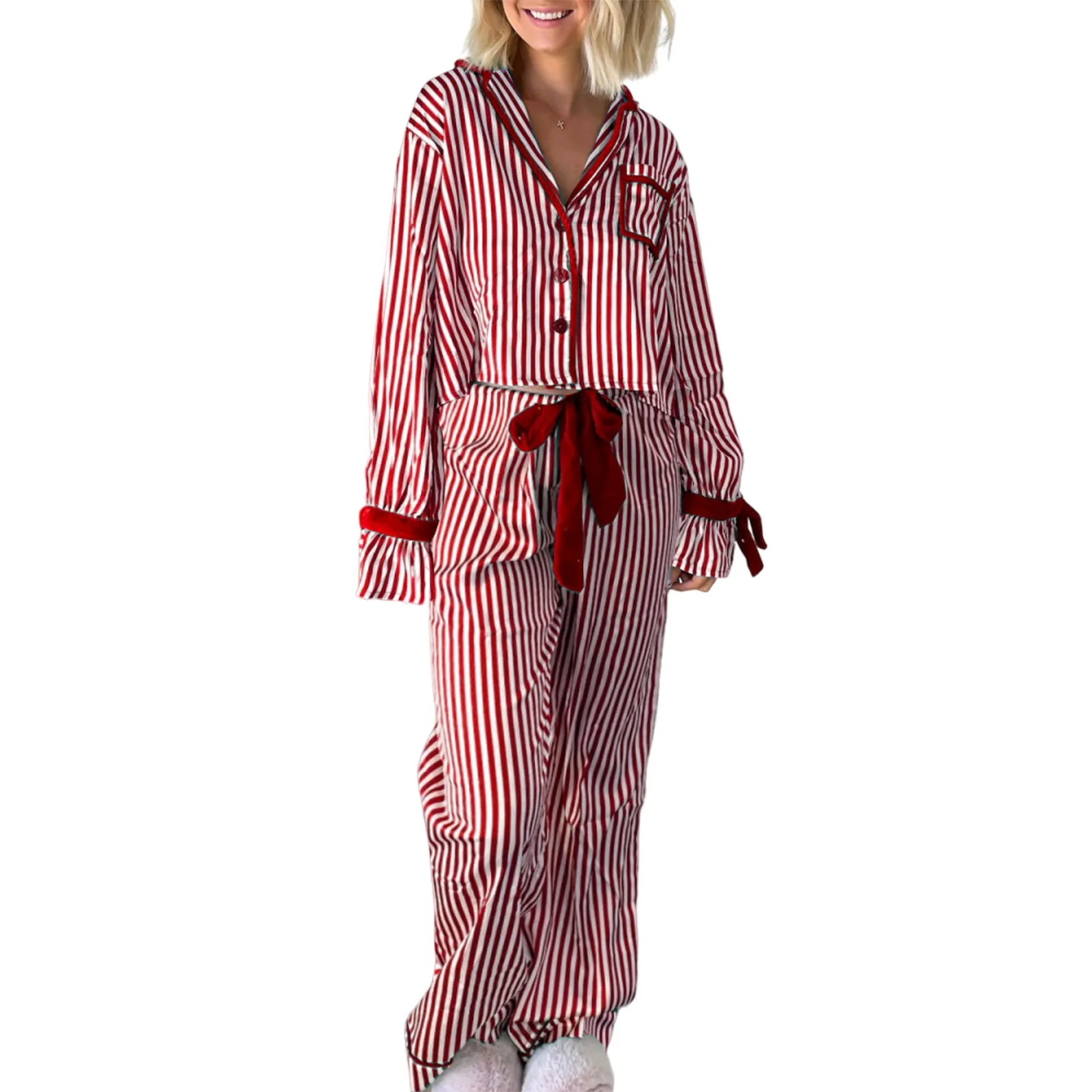 Womens Striped Pajama Set Long Sleeve Button-up Crop Tops Bow Long Pants 2 Piece Sleepwear Outfit