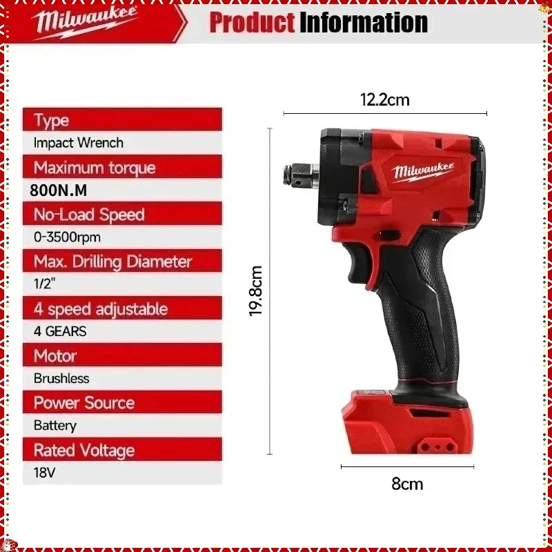 Milwaukee 1/2Inch  800NM Cordless Impact Driver Brushless Impact Drill  Car Truck Repair Screwdriver Tools For 18V Battery